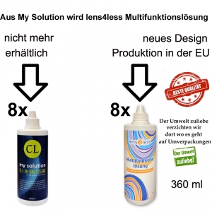 Aus MY SOLUTION All-in-One Lösung Super- Sparpack 8 x 360 ml wird Lens4Less Multifunktionslösung 8 x 360 ml