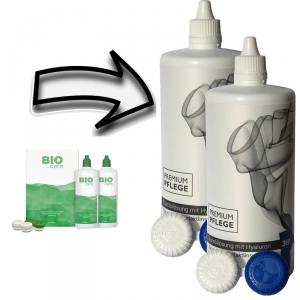 Aus Menicon Bio Care 2x360ml wird Premium Pflege Kombilsung mit Hyaluron 2x360ml